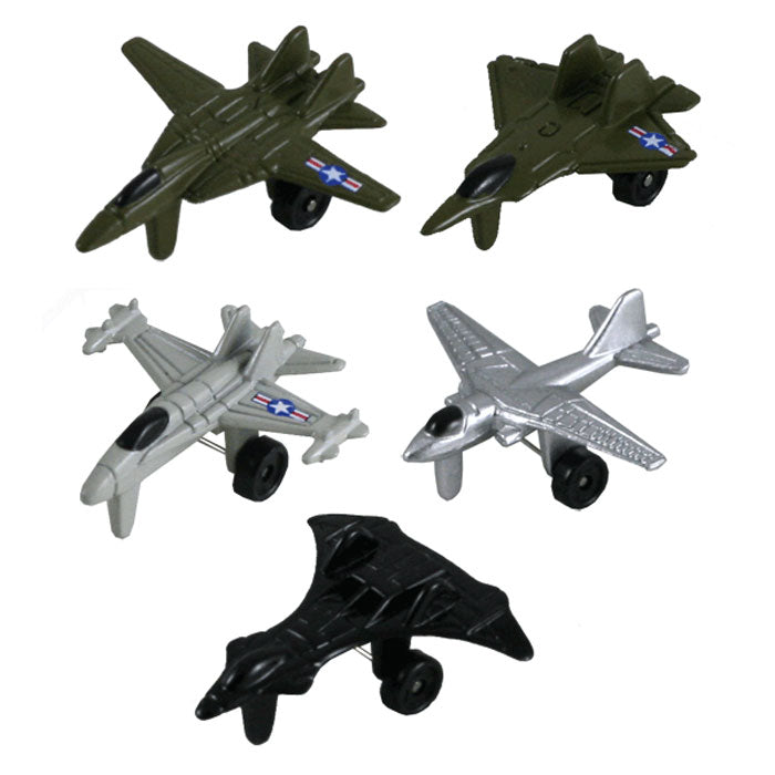 SET of 5 Mini Die Cast Metal Jet Fighters with Authentic Details and Free Spinning Wheels each measuring 1.5 Inches long. 