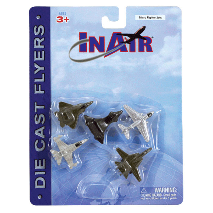 SET of 5 Mini Die Cast Metal Jet Fighters with Authentic Details and Free Spinning Wheels each measuring 1.5 Inches long in its Original Packaging. 