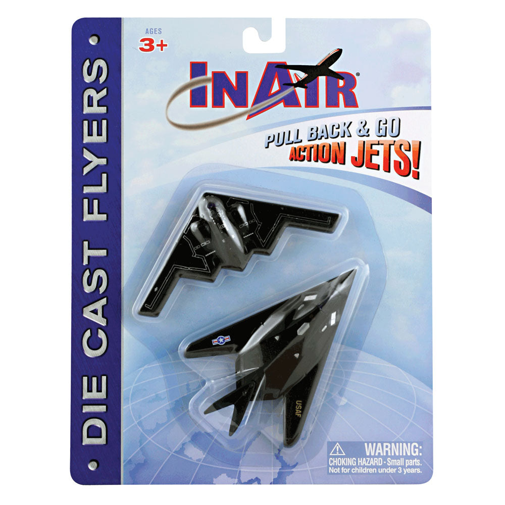 InAir Diecast Flyers Set of 2 Durable Diecast Stealth Bomber Fighter Jet Aircraft featuring Friction Powered Pullback Action and Authentic Markings in its Original Packaging
