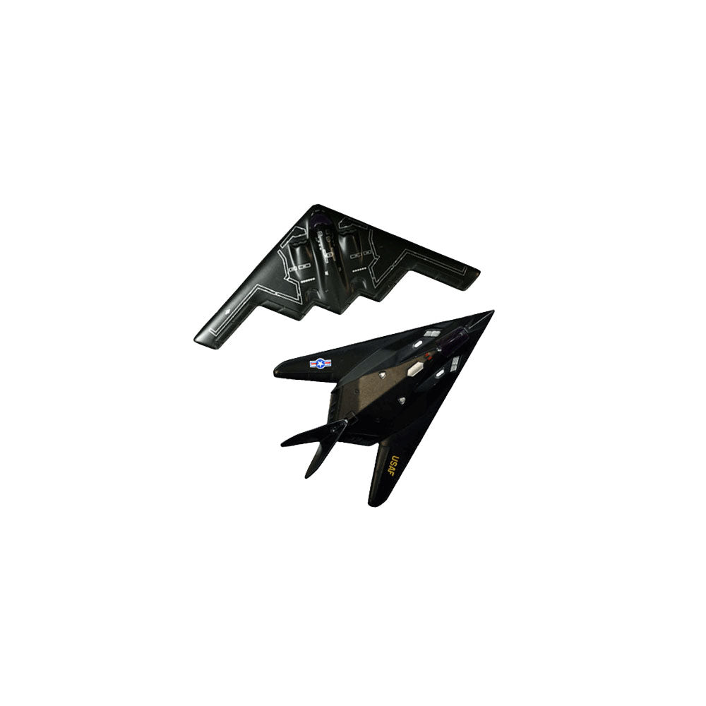 InAir Diecast Flyers Set of 2 Durable Diecast Stealth Bomber Fighter Jet Aircraft featuring Friction Powered Pullback Action and Authentic Markings. Jets pictured are the B-2 Spirit Stealth Bomber and the F-117 Nighthawk