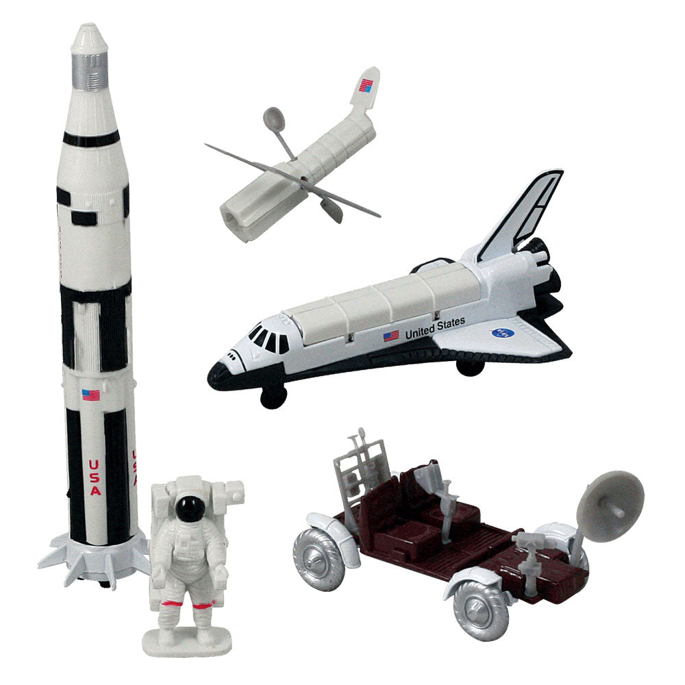 5 Piece Die Cast Metal and Plastic NASA Rocket Adventure Fleet Playset including Space Shuttle Orbiter, Saturn V Rocket, Lunar Rover, Satellite and Astronaut in EMU Space Suit.