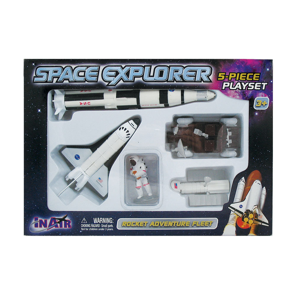 5 Piece Die Cast Metal and Plastic NASA Rocket Adventure Fleet Playset including Space Shuttle Orbiter, Saturn V Rocket, Lunar Rover, Satellite and Astronaut in EMU Space Suit in its Original Packaging.