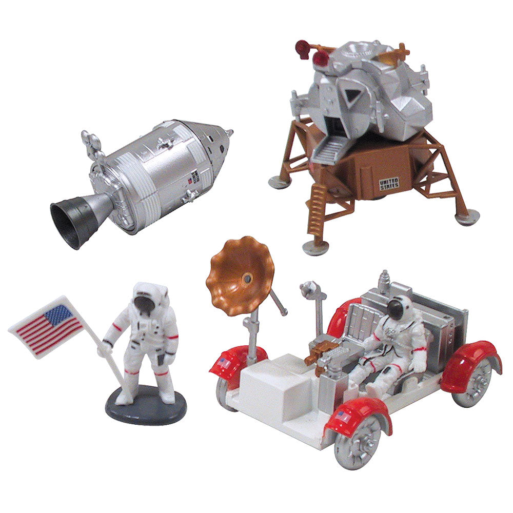 Highly Detailed Plastic Model Kit Replica of a NASA Lunar Command Module, Lunar Rover, Lunar Lander and Astronaut with American Flag that Includes Everything Needed for Assembly and is Built Up in about 10 Minutes.