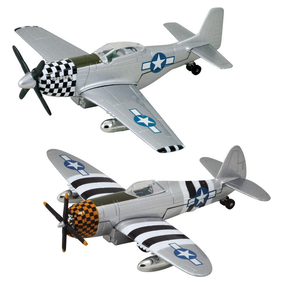 SET of 2 InAir Diecast Metal and Plastic Friction Powered Pullback World War II Fighter Aircraft with Historically Accurate Markings. 8 Inch Boeing North American P-51 Mustang and 8 Inch Republic P-47 Thunderbolt with Checkered Nose Cones.