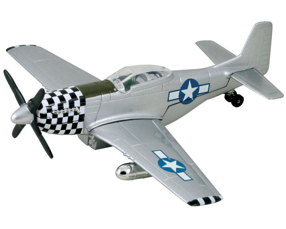 InAir 8 Inch Diecast Metal and Plastic Friction Powered Pullback Boeing North American P-51 Mustang World War II Fighter Aircraft with Historically Accurate Markings and Checkered Nose Cone.