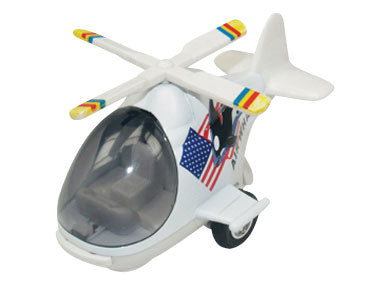 Friction-Powered Colorful White Helicopter with Cockpit that Opens and Propeller that Spins when the toy zooms forward.
