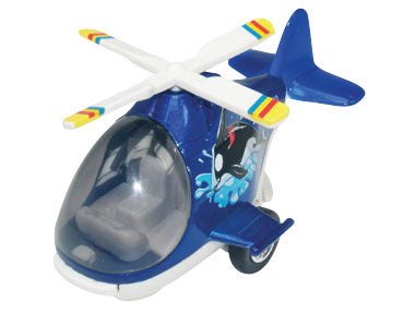 Friction-Powered Colorful Blue Helicopter with Cockpit that Opens and Propeller that Spins when the toy zooms forward.