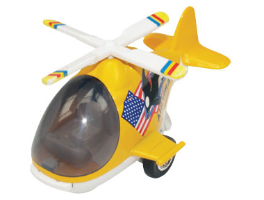Friction-Powered Colorful Yellow Helicopter with Cockpit that Opens and Propeller that Spins when the toy zooms forward.