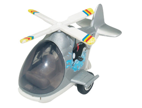 Friction-Powered Colorful Silver Helicopter with Cockpit that Opens and Propeller that Spins when the toy zooms forward.