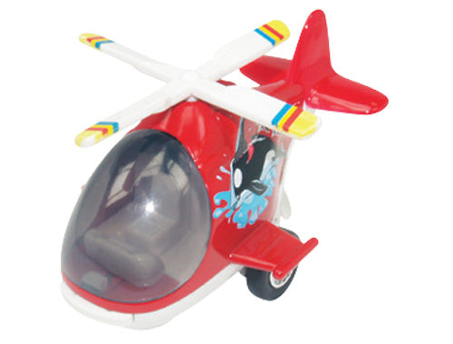 Friction-Powered Colorful Red Helicopter with Cockpit that Opens and Propeller that Spins when the toy zooms forward.