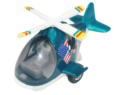 Friction-Powered Colorful Turquoise Helicopter with Cockpit that Opens and Propeller that Spins when the toy zooms forward.