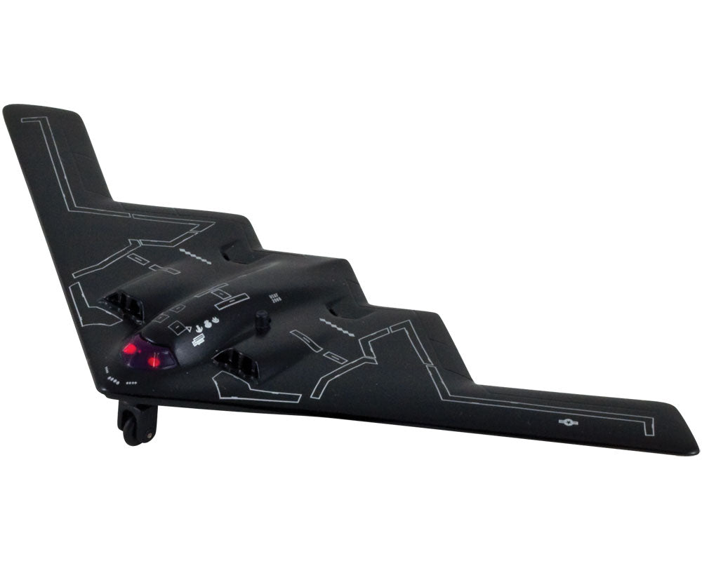 WowToyz InAir Diecast metal pullback replica of the Northrop Grumman B-2 Stealth Bomber is sure to aviation enthusiasts of all ages! Features flashing light and engine sound. Diecast metal and plastic Pullback and Go Action! Features Flashing Lights and Engine Sound