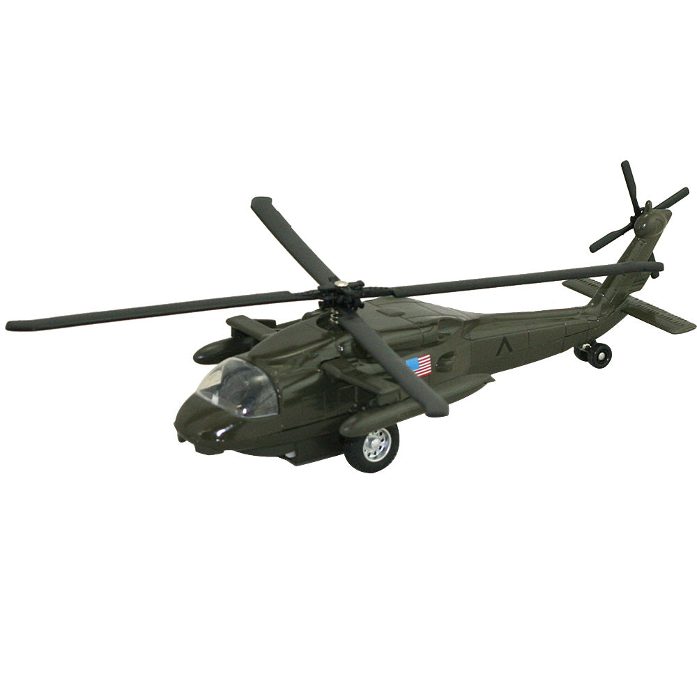 This 10.5 inch long diecast metal pullback replica of the Black Hawk Helicopter is sure to please both young and old alike! Great value!  Diecast metal and plastic Pullback and Go Action! 10.5 inches long INTBHH