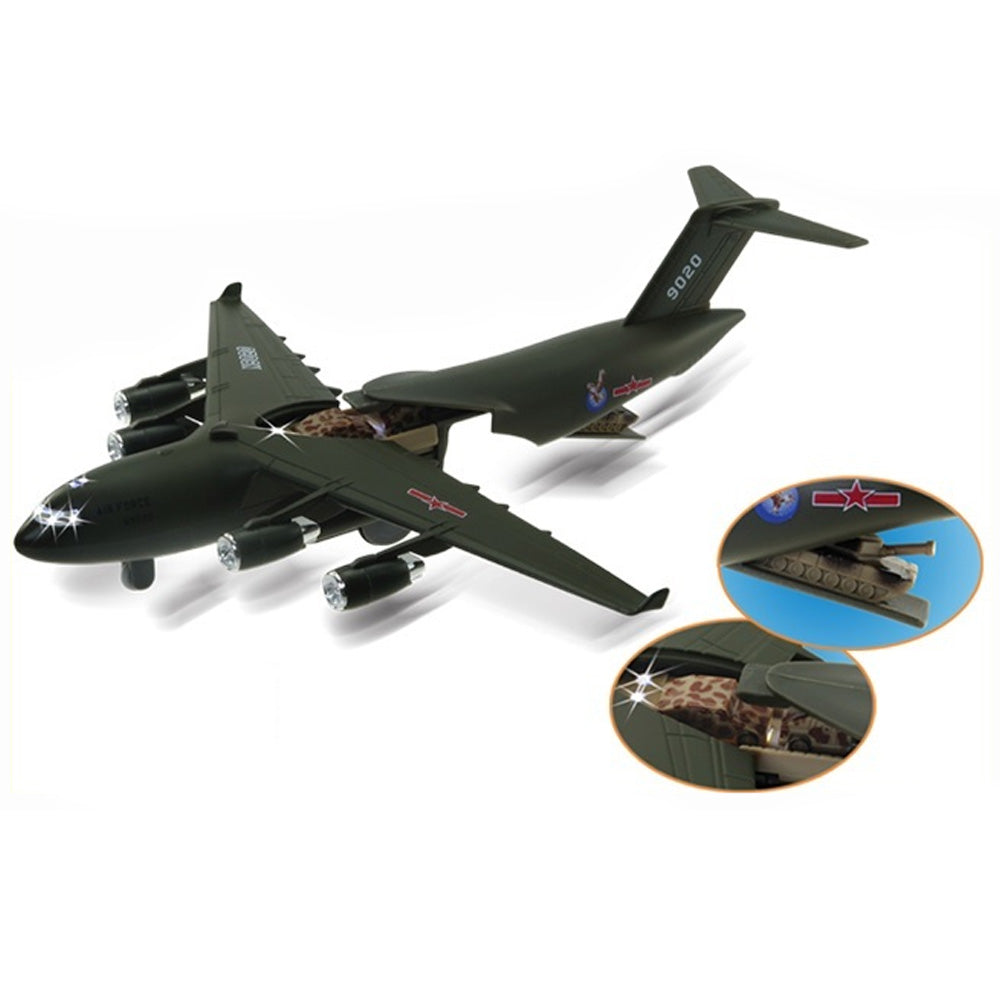 Children will love this diecast metal pullback replica of a military transport aircraft! Model opens to reveal tanks and humvees inside.   Pull Back & Go Action! Flashing lights & authentic sounds! Diecast metal and plastic 8 inches long C-17 Loadmaster C-17 Globemaster