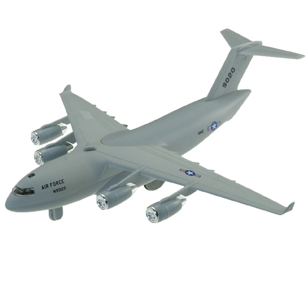 Children will love this diecast metal pullback replica of a military transport aircraft! Model opens to reveal tanks and humvees inside.   Pull Back & Go Action! Flashing lights & authentic sounds! Diecast metal and plastic 8 inches long C-17 Loadmaster C-17 Globemaster