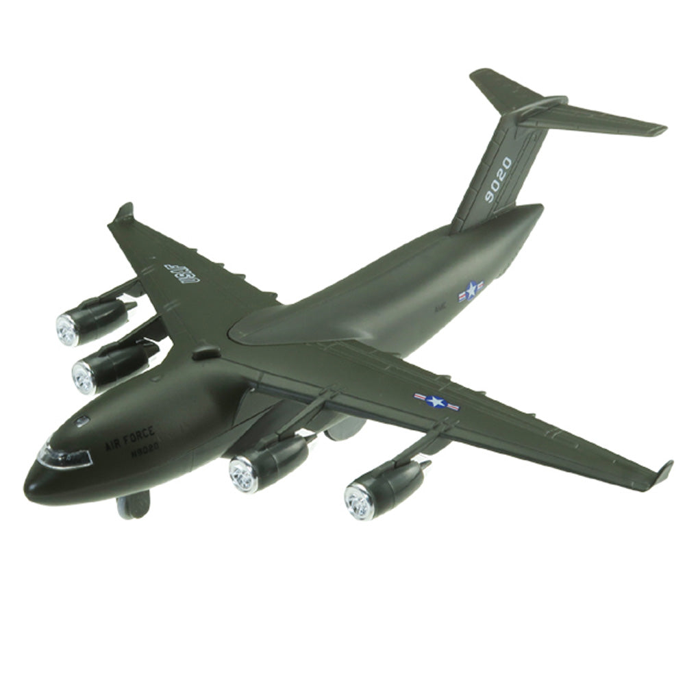 Children will love this diecast metal pullback replica of a military transport aircraft! Model opens to reveal tanks and humvees inside.   Pull Back & Go Action! Flashing lights & authentic sounds! Diecast metal and plastic 8 inches long C-17 Loadmaster C-17 Globemaster