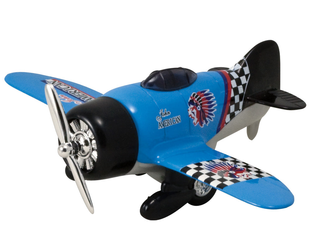 Friction-Powered Blue Monolane Pullback Airplane with Propeller that Spins when the Toy Zooms Forward.