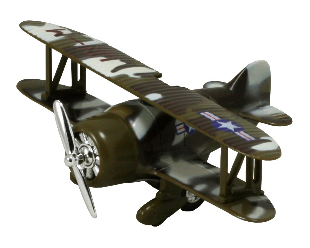 Friction-Powered Green Camouflage Biplane Pullback Airplane with Propeller that Spins when the Toy Zooms Forward.