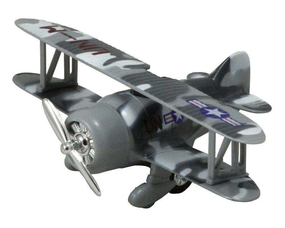 Friction-Powered Grey Camouflage Biplane Pullback Airplane with Propeller that Spins when the Toy Zooms Forward.