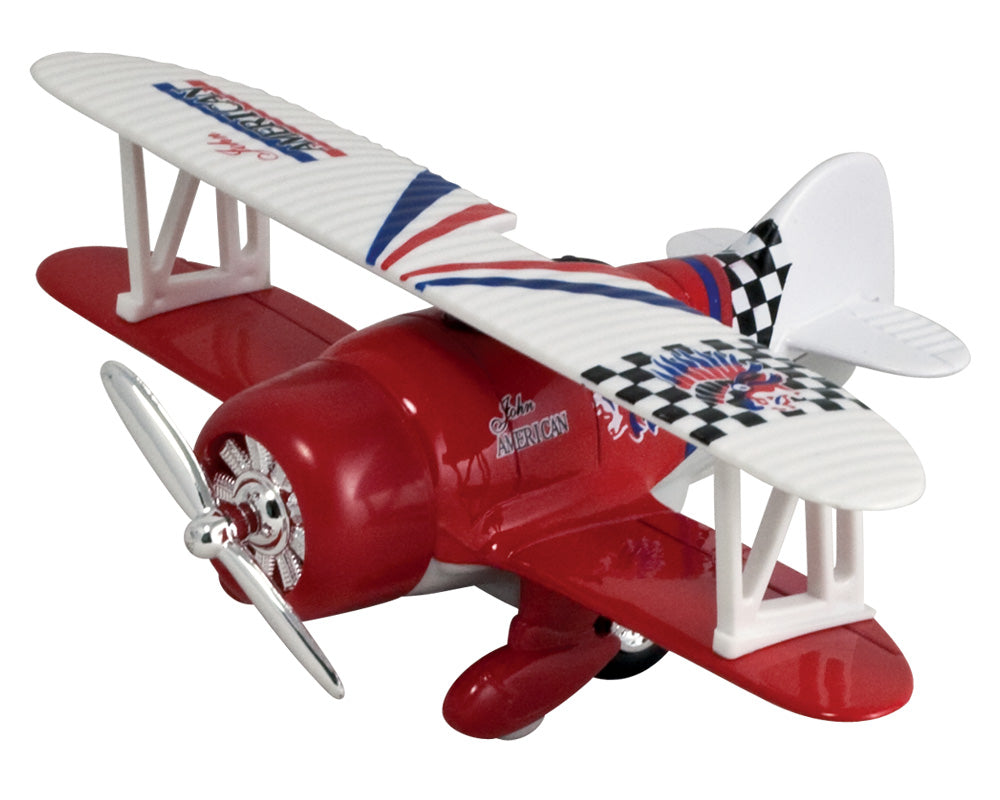 Friction-Powered Red Biplane Pullback Airplane with Propeller that Spins when the Toy Zooms Forward.