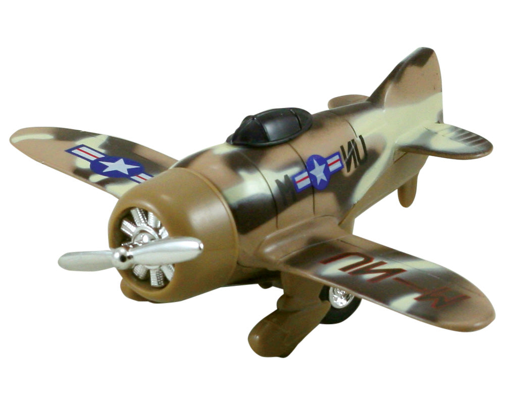 Friction-Powered Desert Sand Camouflage Monolane Pullback Airplane with Propeller that Spins when the Toy Zooms Forward.