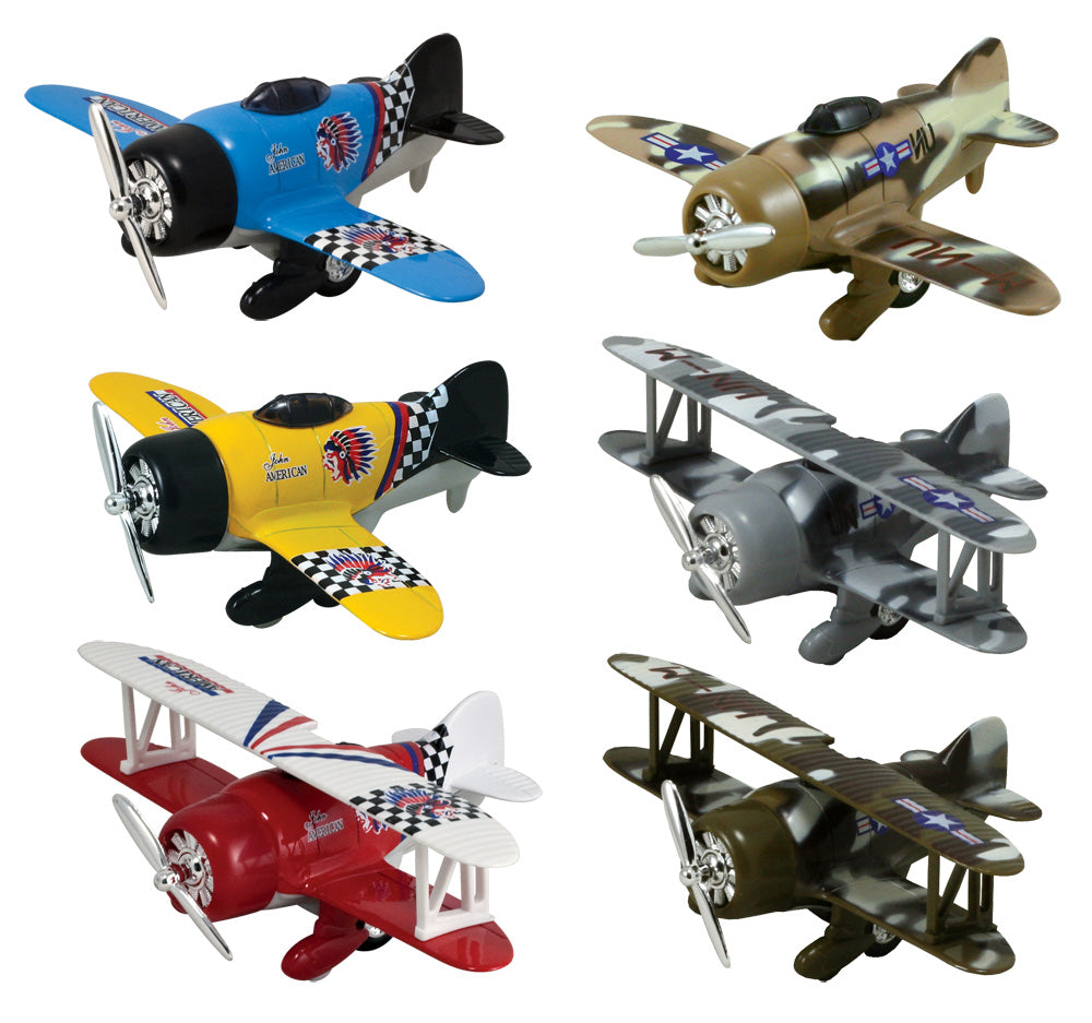 SET of 6 Friction-Powered Colorful, Camouflage, Monoplane and Biplane Pullback Airplanes with Propellers that Spin when the Toys Zoom Forward.