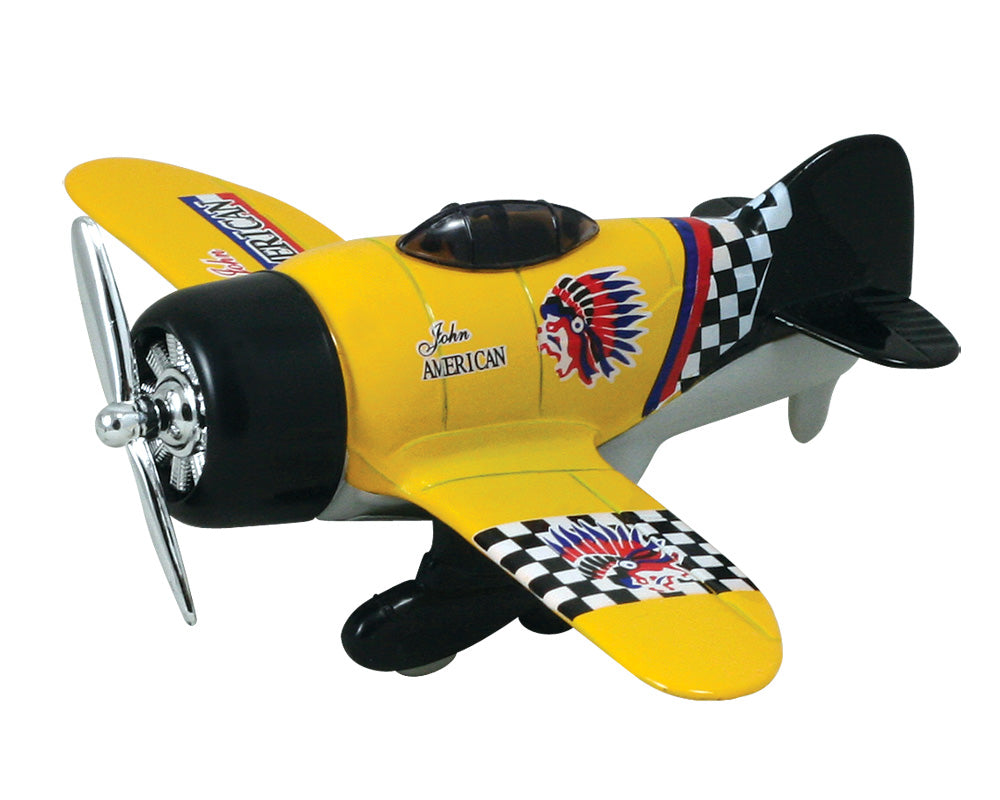 Friction-Powered Yellow Monolane Pullback Airplane with Propeller that Spins when the Toy Zooms Forward.