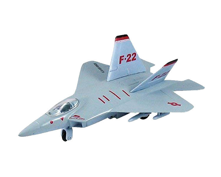 InAir 8 Inch Diecast Metal and Plastic Friction Powered Pullback Lockheed Martin F-22 Raptor Stealth Fighter Aircraft in Silver with Historically Accurate Markings.