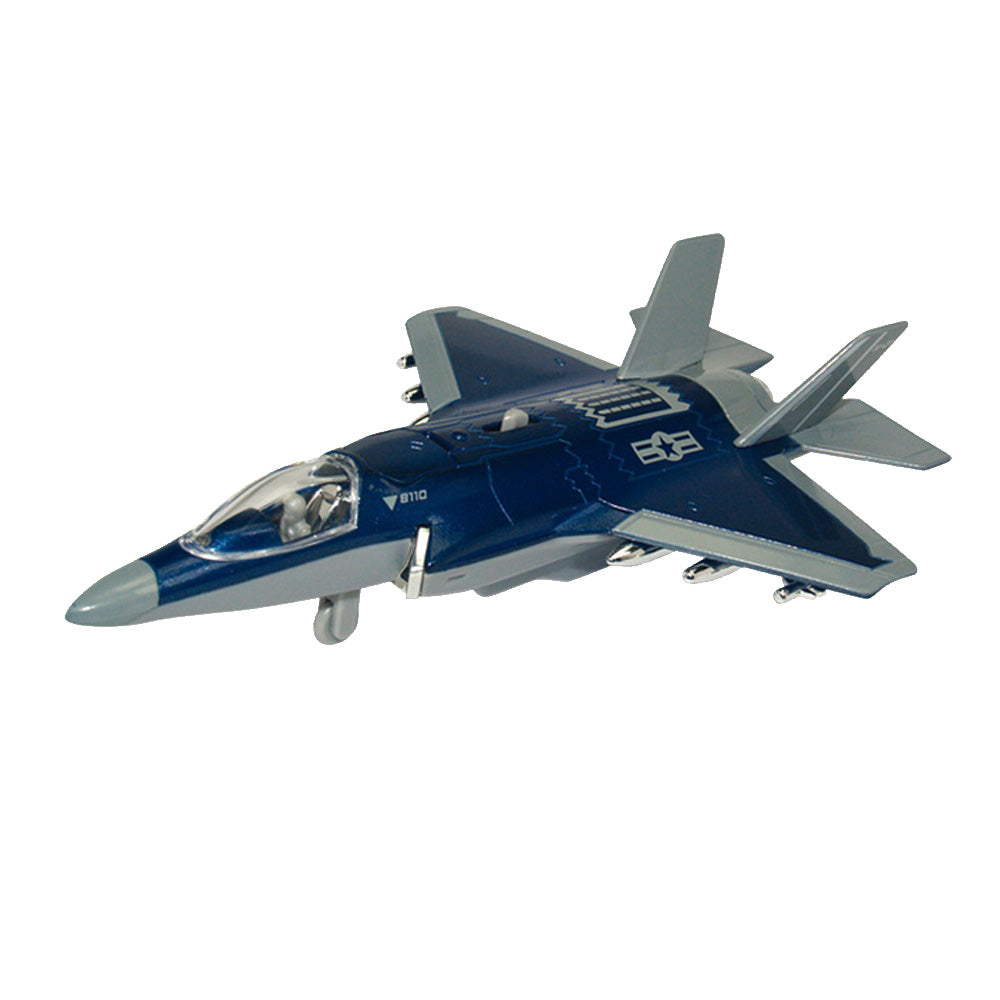 This 8 inch diecast metal pullback of the F-35 Fighter Jet is sure to please aviation enthusiasts of all ages! Features Lights & Sounds and fun pullback and go action!  Diecast metal and plastic Pullback and Go Action! 8 inches long