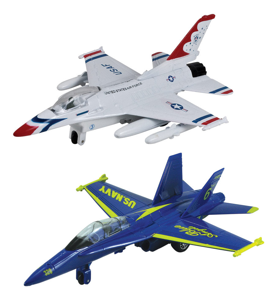 SET of 2 InAir Diecast Metal and Plastic Friction Powered Pullback Fighter Aircraft with Historically Accurate Markings. 8 Inch Lockheed General Dynamics F-16 Fighting Falcon Thunderbirds and Boeing McDonnell Douglas F/A-18 Hornet Blue Angels.