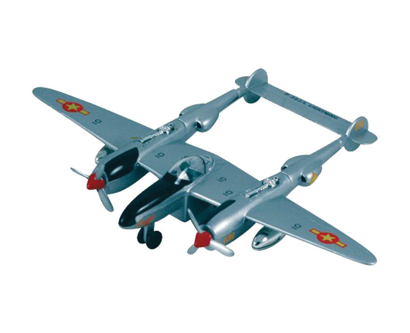 InAir 8.5 Inch Diecast Metal and Plastic Friction Powered Pullback Lockheed P-38 Lightning Fighter “Fork Tailed Devil” World War II Aircraft in Silver with Historically Accurate Markings.