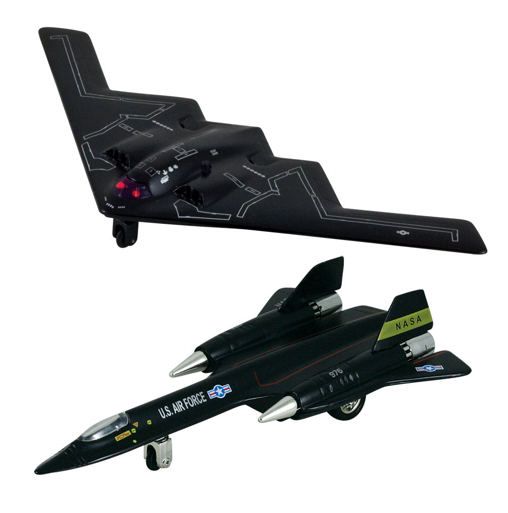 SET of 2 Die Cast Metal and Plastic Friction Powered Pullback Stealth Aircraft with Historically Accurate Markings. 10 Inch Northrop Grumman B-2 Spirit Bomber with Lights & Sounds and 8 Inch Lockheed SR-71 Blackbird.
