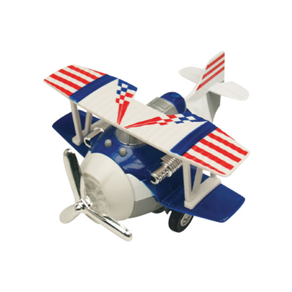 4 Inch Long Durable Die Cast Metal and Plastic Friction Powered Pullback Action Biplane Aircraft with Spinning Propeller when in Motion in Assorted Colors.