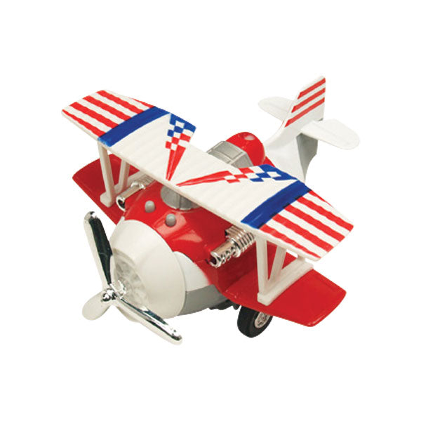 4 Inch Long Durable Die Cast Metal and Plastic Friction Powered Pullback Action Biplane Aircraft with Spinning Propeller when in Motion in Assorted Colors.