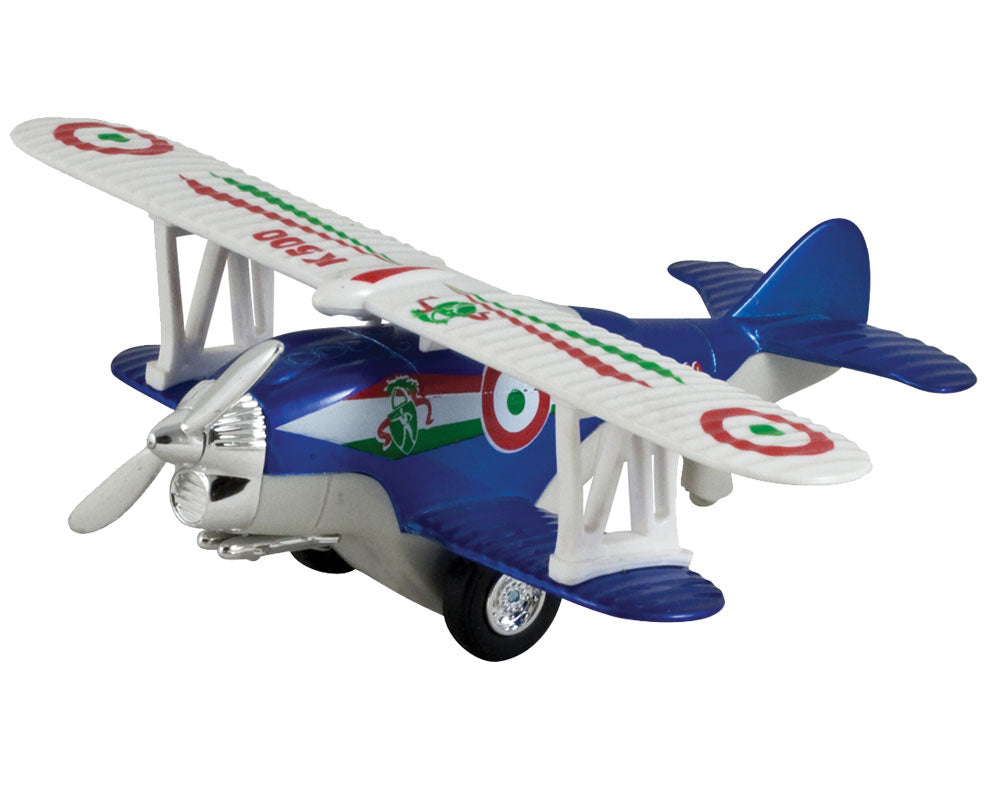 5 Inch Long Durable Die Cast Metal and Plastic Friction Powered Pullback Action Blue Biplane Aircraft with Spinning Propeller when in Motion.
