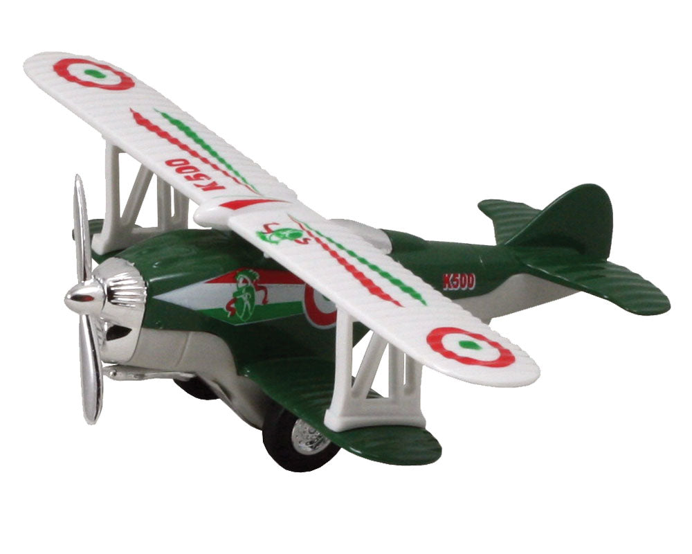 5 Inch Long Durable Die Cast Metal and Plastic Friction Powered Pullback Action Green Biplane Aircraft with Spinning Propeller when in Motion.