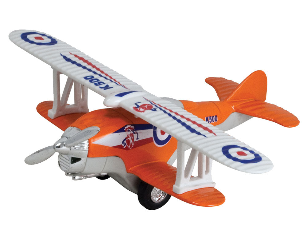 5 Inch Long Durable Die Cast Metal and Plastic Friction Powered Pullback Action Orange Biplane Aircraft with Spinning Propeller when in Motion.