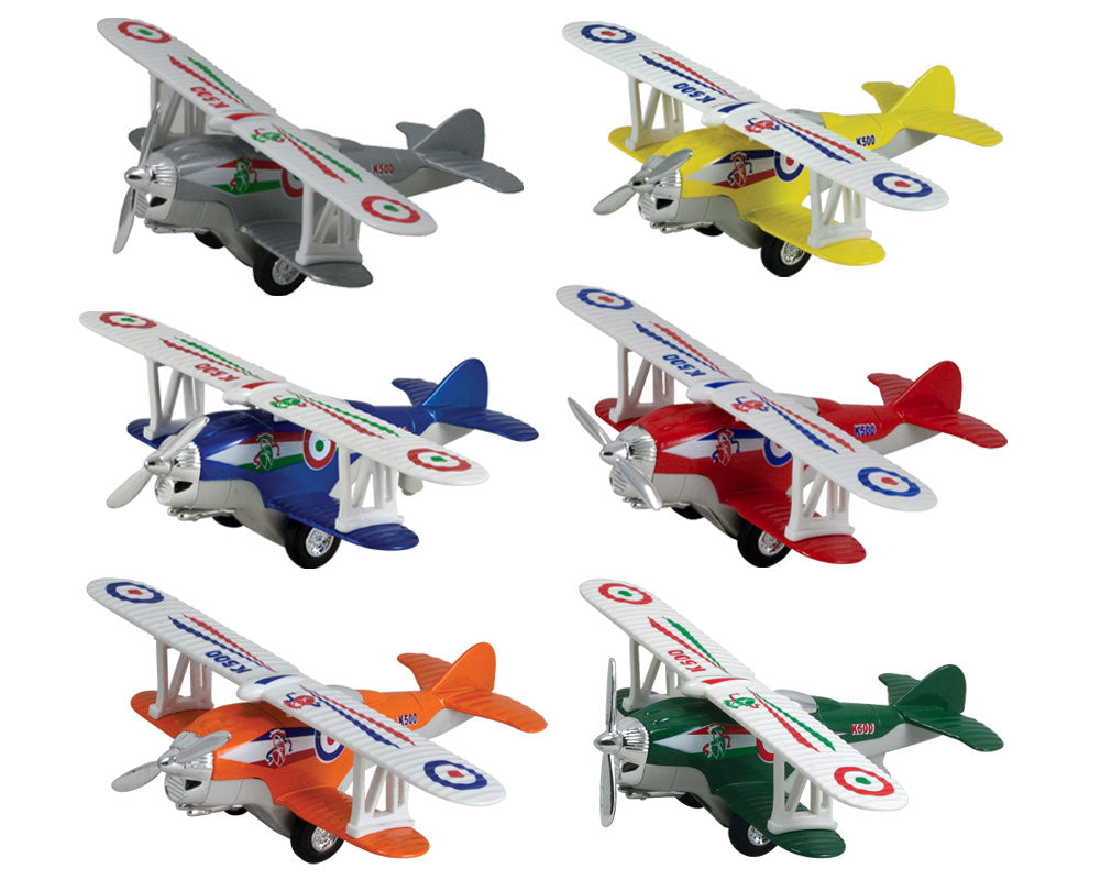 SET of 6 Five Inch Long Durable Die Cast Metal and Plastic Friction Powered Pullback Action Biplane Aircraft with Spinning Propellers when in Motion in Red, Green, Silver, Blue, Orange, and Yellow.