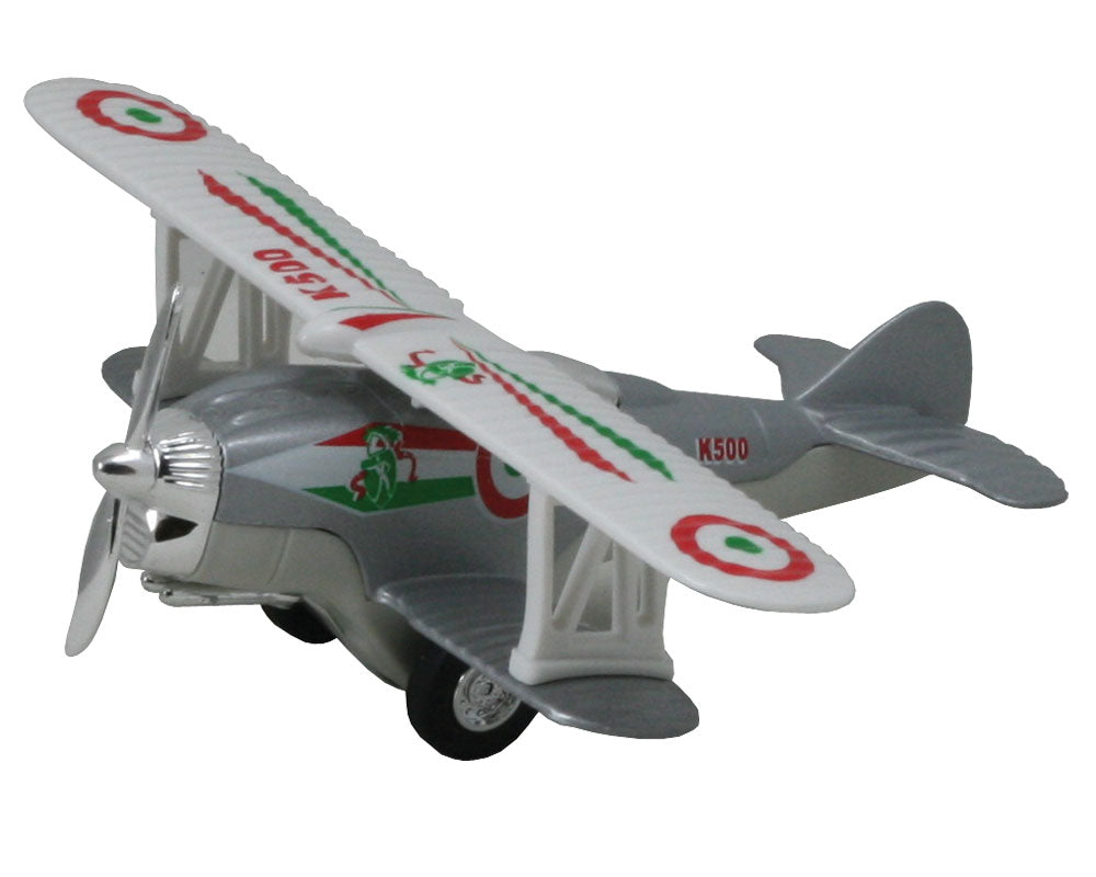 5 Inch Long Durable Die Cast Metal and Plastic Friction Powered Pullback Action Silver Biplane Aircraft with Spinning Propeller when in Motion.
