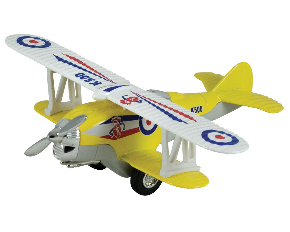 5 Inch Long Durable Die Cast Metal and Plastic Friction Powered Pullback Action Yellow Biplane Aircraft with Spinning Propeller when in Motion.
