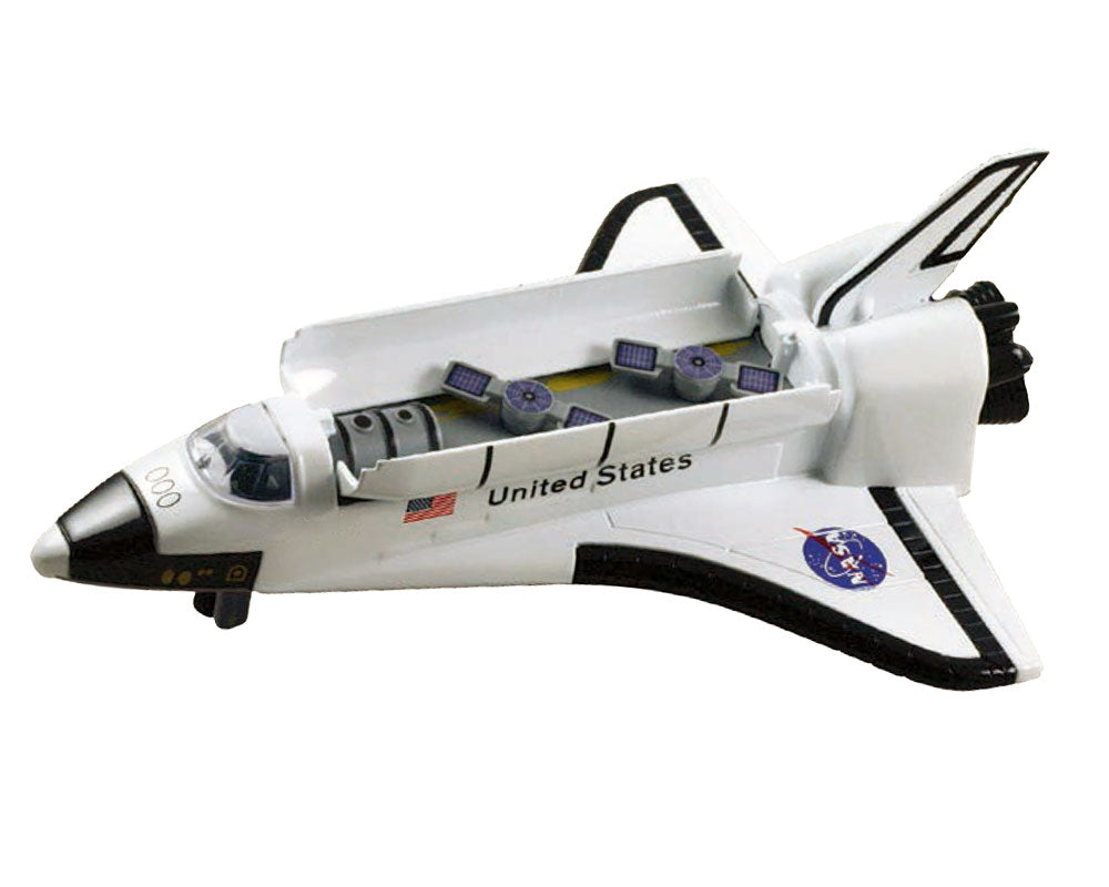 8 Inch Long Durable Die Cast Metal Replica of the NASA Space Shuttle Orbiter (Enterprise, Columbia, Challenger, Discovery, Atlantis & Endeavour) featuring Friction Powered Pullback Action and Authentic Markings with Payload Doors Opened to Reveal Satellite.