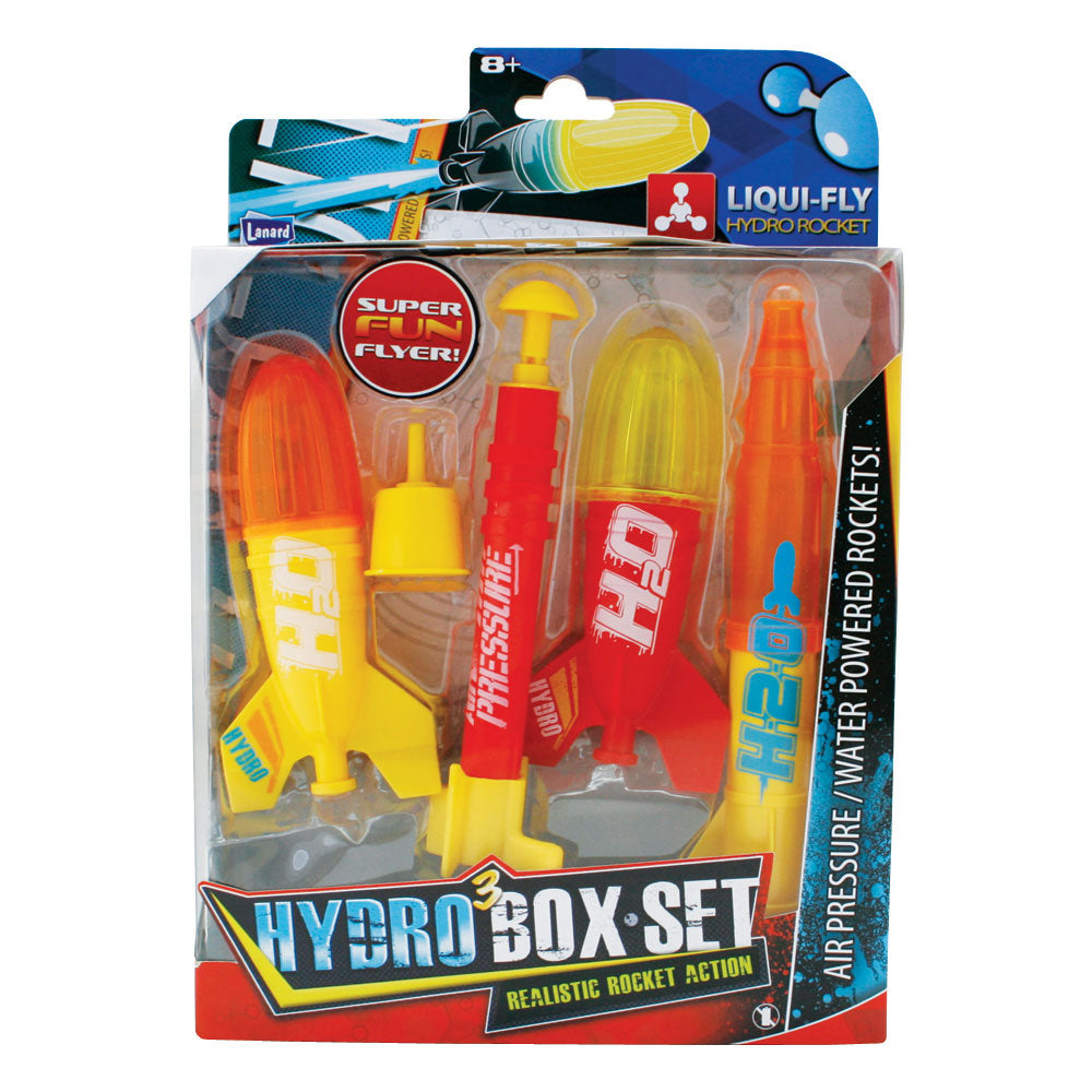 Deluxe Playset including 3 Colorful Plastic Water Propelled Rockets, 2 Funnels for Filling the Rockets, a Water Pressure Powered Launcher, and a Flight Book with Fun Facts and Games in its Original Packaging.