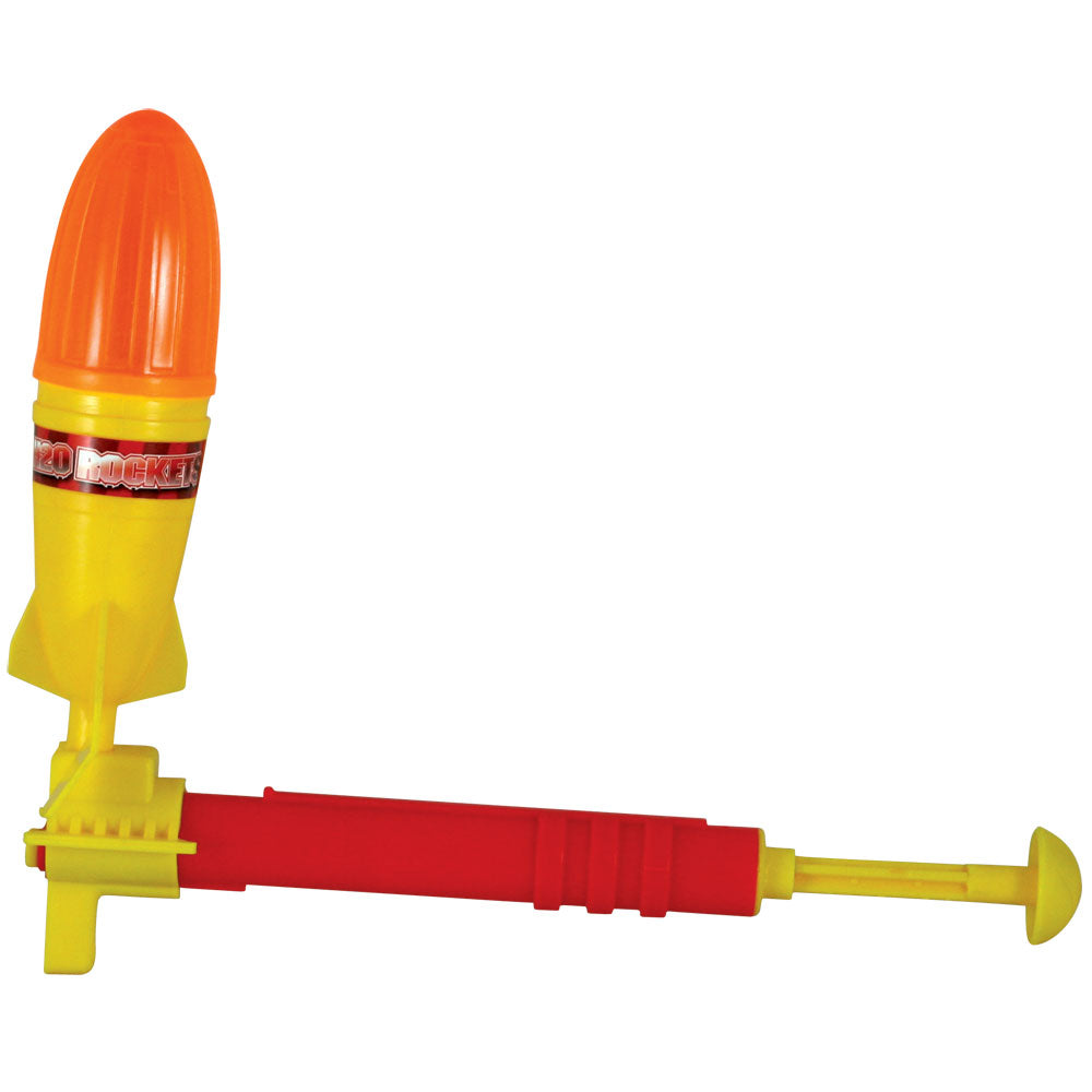 1 Colorful Plastic Water Propelled Rocket, a Funnel for Filling the Rocket, a Water Pressure Powered Launcher, and a Flight Book with Fun Facts and Games.