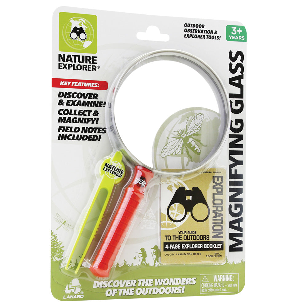 This oversized magnifier encourages outdoor study and observation and is the perfect size for young explorers! It measures 9” long and comes with a large pair of tweezers and a field explorer guide. Science Toy. Lanard Toys