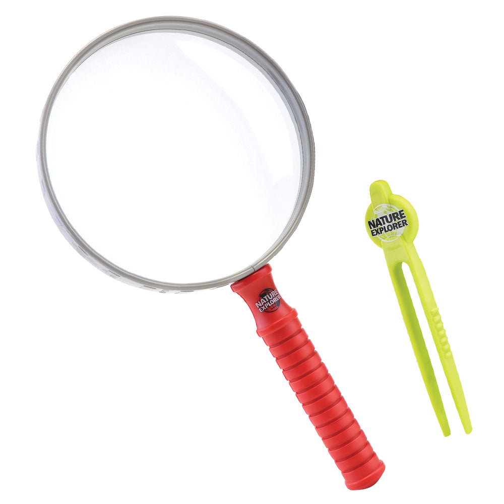 This oversized magnifier encourages outdoor study and observation and is the perfect size for young explorers! It measures 9” long and comes with a large pair of tweezers and a field explorer guide. Science Toy. Lanard Toys