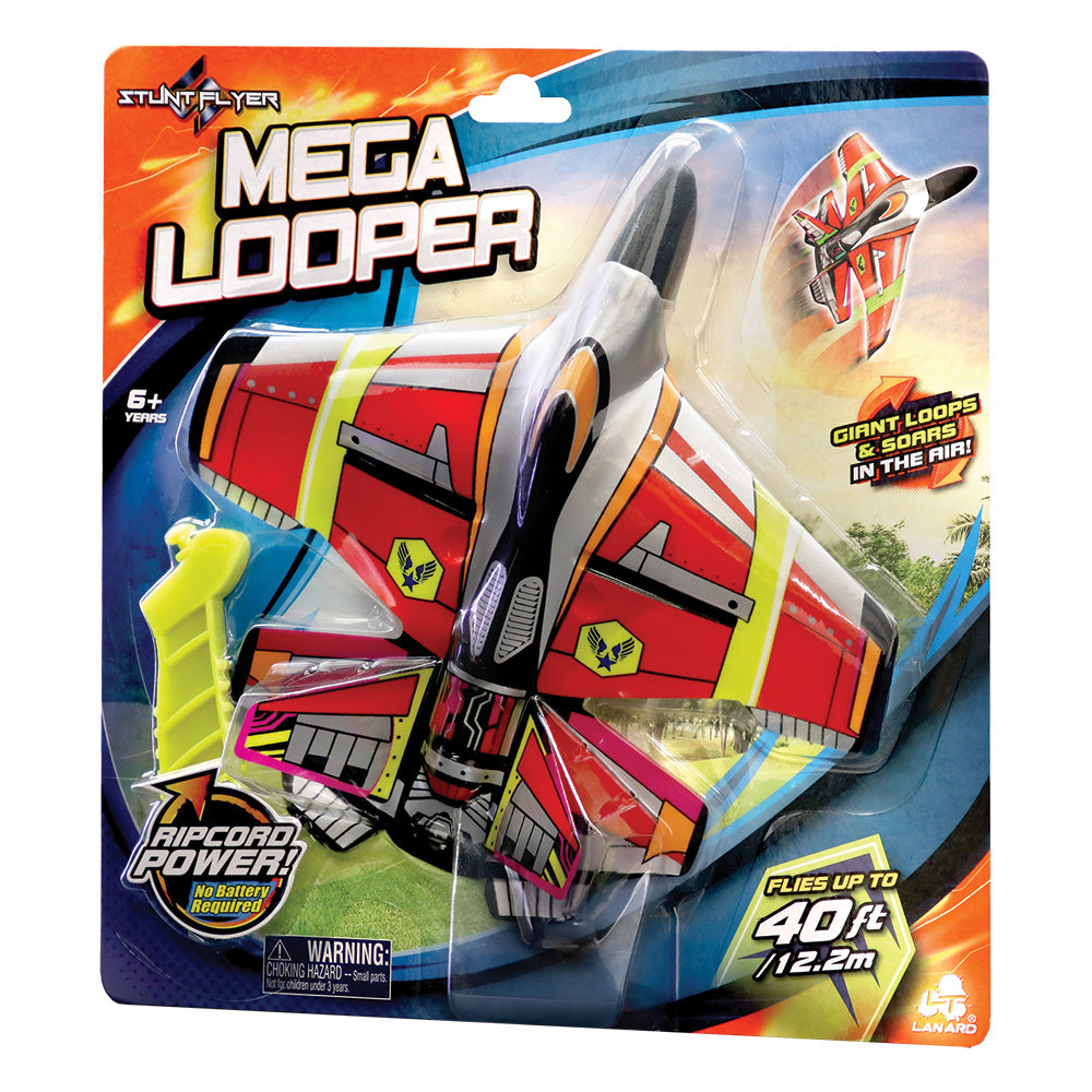 There are so many ways to fly the Mega Looper! Fly long distances, or bend the tail flaps in different directions for stunts, rolls and giant loops. Flying instructions included for hours of flying fun!  Teaches aerodynamics Ages 6+ Wingspan: 9.5 inches Material: Foam Lanard Toys