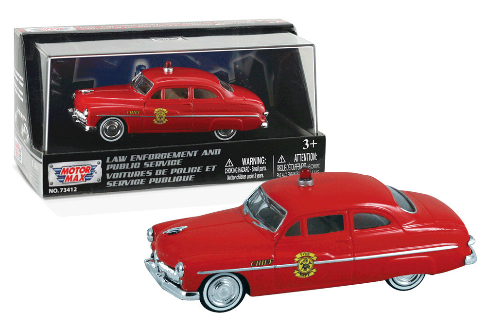 1:43 Scale Die Cast Model of the 1949 Mercury Coupe Fire Engine shown in its original Packaging as manufactured by RedBox / Motormax.