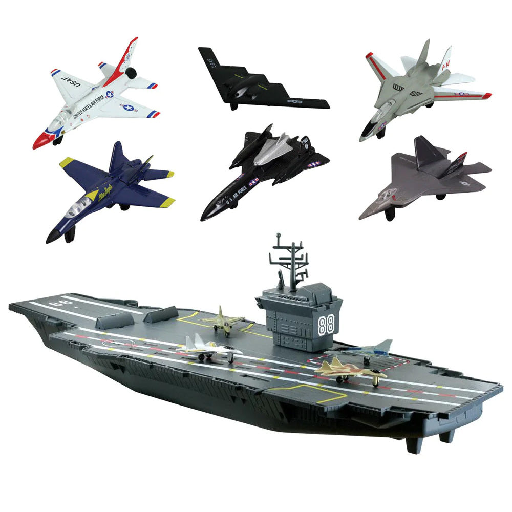 This durable plastic interactive extra large toy aircraft carrier playset includes 4 diecast metal jets, 6 Modern diecast metal airplanes, flashing runway lights, authentic sounds and a large storage compartment. Electronic Fleet Command Battle Zone brand playset with InAir diecast metal toy airplanes.