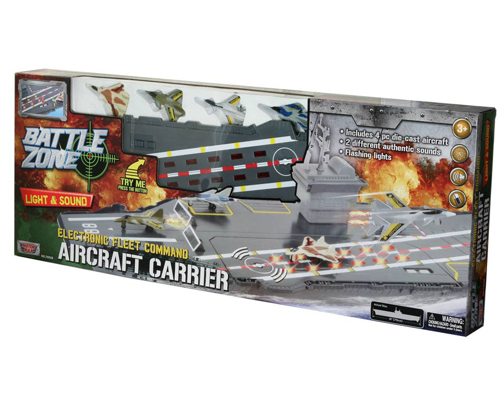 This durable plastic interactive extra large 31 inch toy aircraft carrier playset includes 4 diecast metal jets, flashing runway lights, authentic sounds and a large storage compartment. Electronic Fleet Command Battle Zone brand playset. RedBox / Motormax