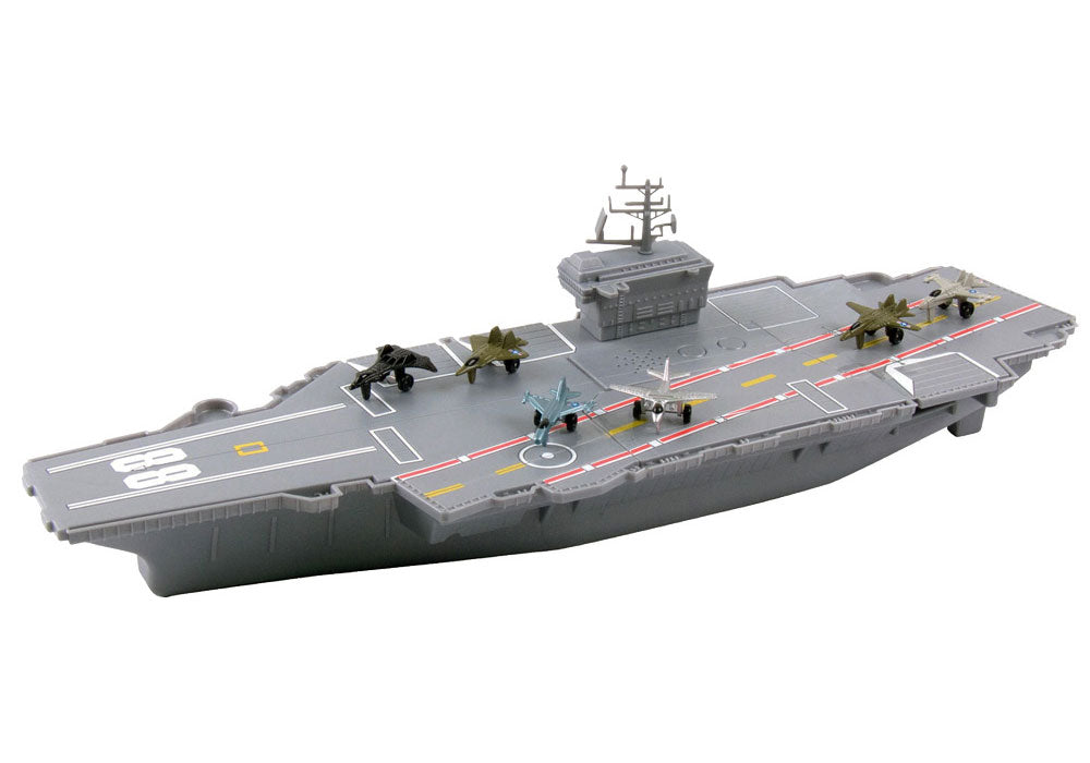 Durable Plastic 18 Inch Long Battle Zone Aircraft Carrier with 6 Die Cast Airplanes, featuring realistic Airplane Sounds by Motormax. InAir